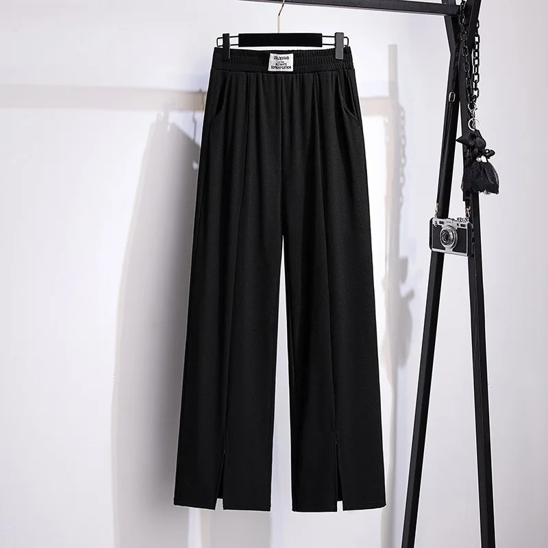 100/150kg  Big Size Straight Pants Women\'s Show Thin Summer High Waist Split Pants Oversized Loose Ice Silk Pants 5XL 6XL 7XL