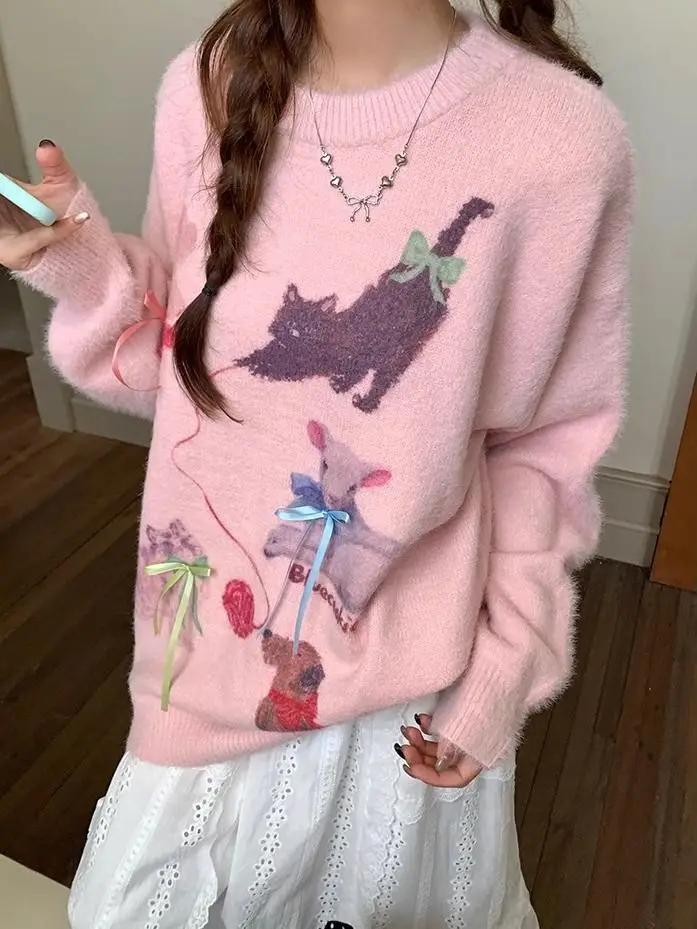 

Sweet Style Printed Small Animal Knitted Pullover Sweater Women Autumn Winter New Niche Design Soft Comfortable Long-Sleeved Top