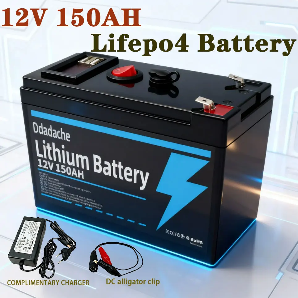 Batterie au lithium 12V 150Ah LiFePO4 à cycle profond 4000+ cycles, rechargeable pour éclairage, véhicules électriques, énergie solaire/éolienne, petit onduleur