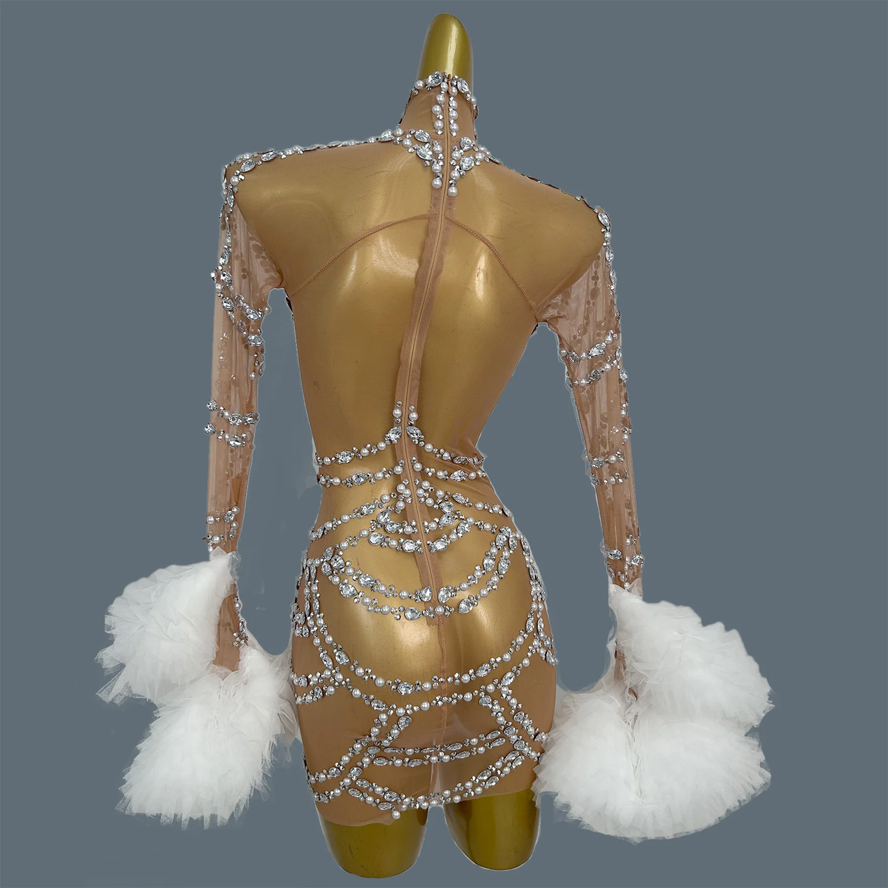 ชุดเดรสค็อกเทลประดับคริสตัลและไข่มุก งานปาร์ตี้ งานพรอม งานกาล่า ชุดออกงาน ชุดถ่ายรูปวันเกิด  ผ้าตาข่ายซีทรู  สำหรับผู้หญิง  แบรนด์ Maozhua