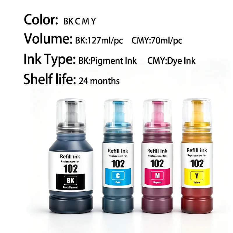 102 Premium Refill ink Compatible For EPSON ECOTANK ET-2700 ET-2750 ET-2751 ET-2756 ET-3700 ET-4850 ET-4856 ET-15000 printer