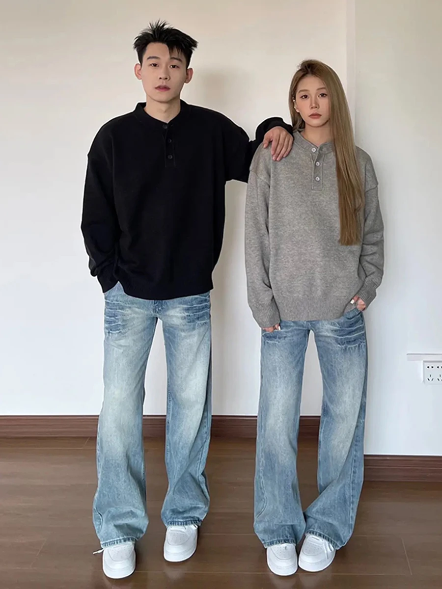 

Мужской зимний повседневный свитер Henry Collar Knitwear в американском стиле, утепленный, с длинным рукавом, с круглым вырезом