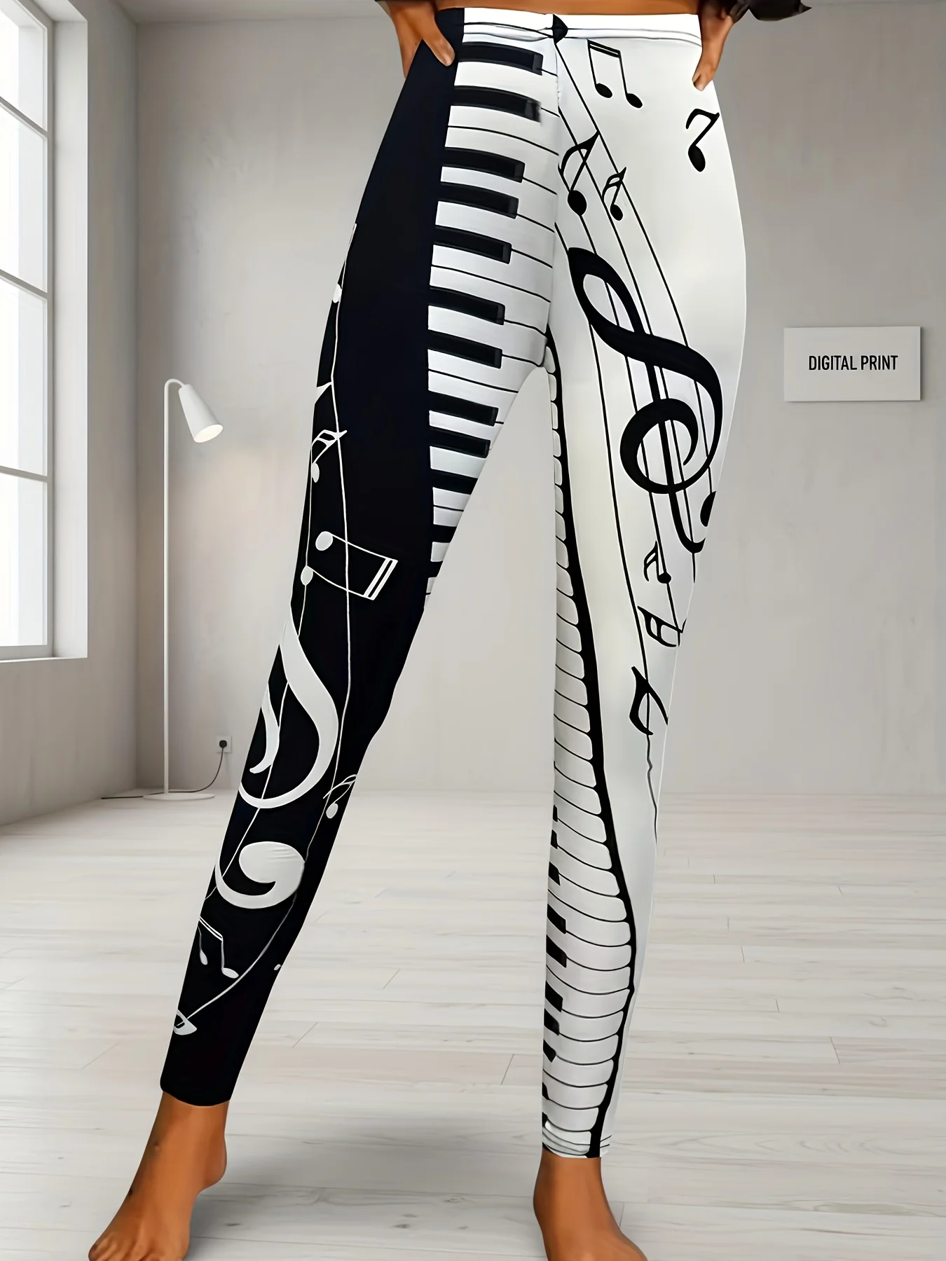 Women Mid‑Rise Fleece Lined Leggings Piano Keyboard Music Note Print Soft Stretch Slim Warm Ladies Casual Pants