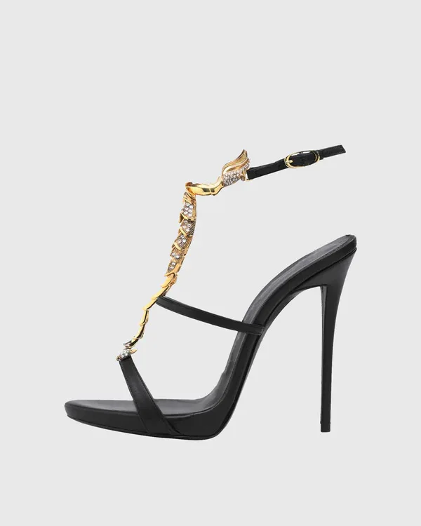 Sexy Schwarz Bling Strass Metall Dekoration Runde Kappe Sommer Frauen Sandalen Stiletto High Heels Schnalle Große Größe Schuhe