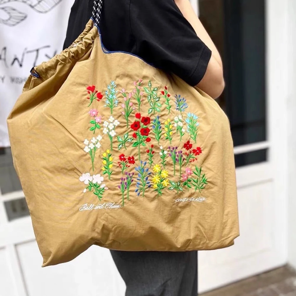 Floral Embroidery Eco Bags for Women Handbags Flower Designer Bag Large Shoulder Bag Nylon Shopper Purses Female Soft Tote Chic