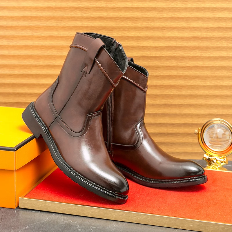mens casual stage nightclub high knight boots black brown pointed toe shoes cowboy genuine leather boot cool long chelsea botas