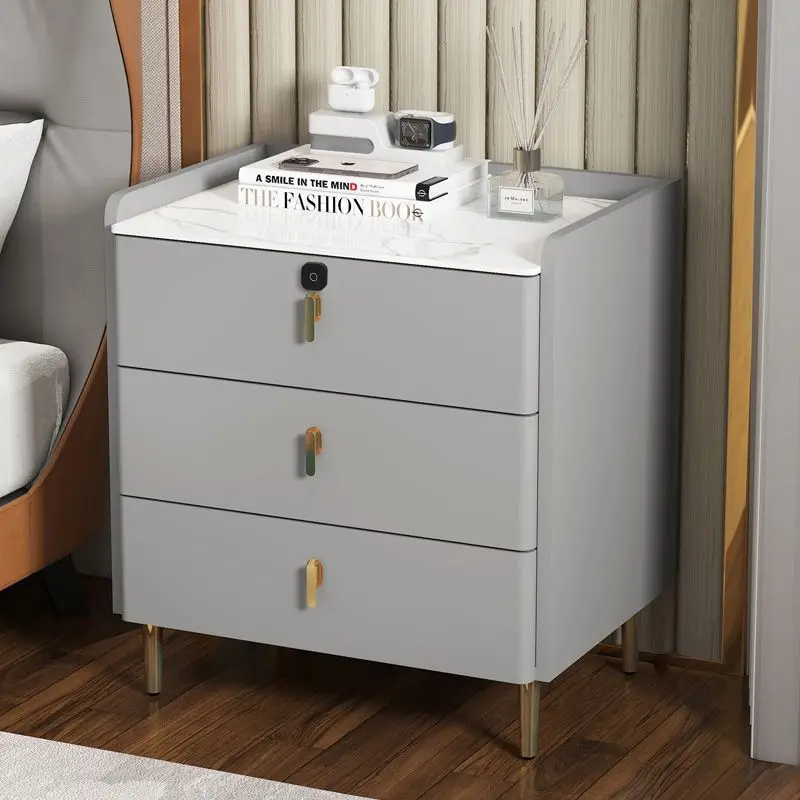 

Solid wood rock slab Italian three-layer bedside table Bedroom home simple light luxury modern multi-functional bedside storage