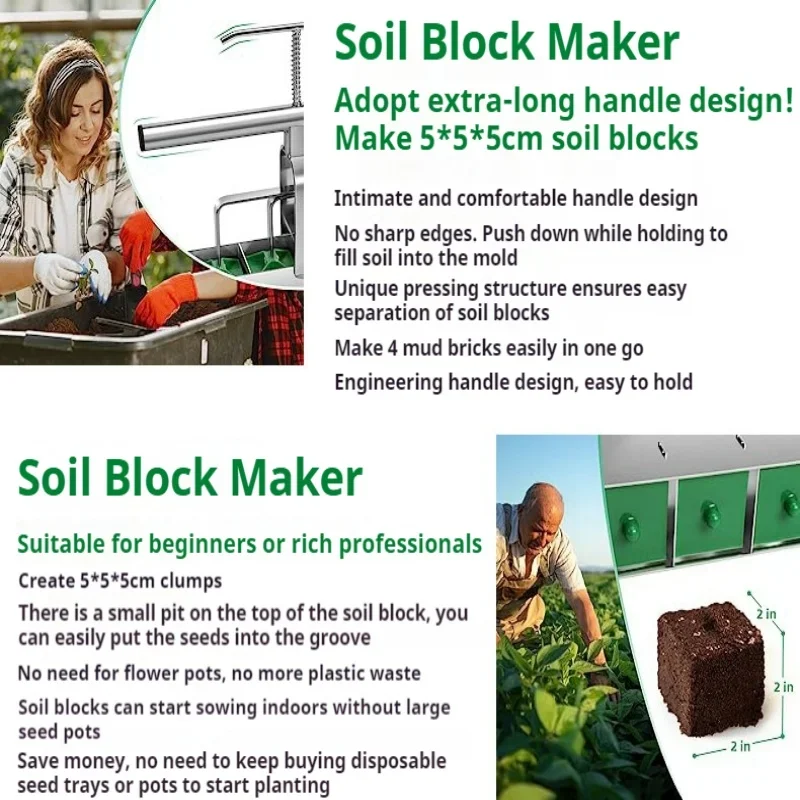 

4 Cell Soil Blocker Handheld Seed Block Maker Tool for Seedling Nursery Greenhouse Garden Supplies
