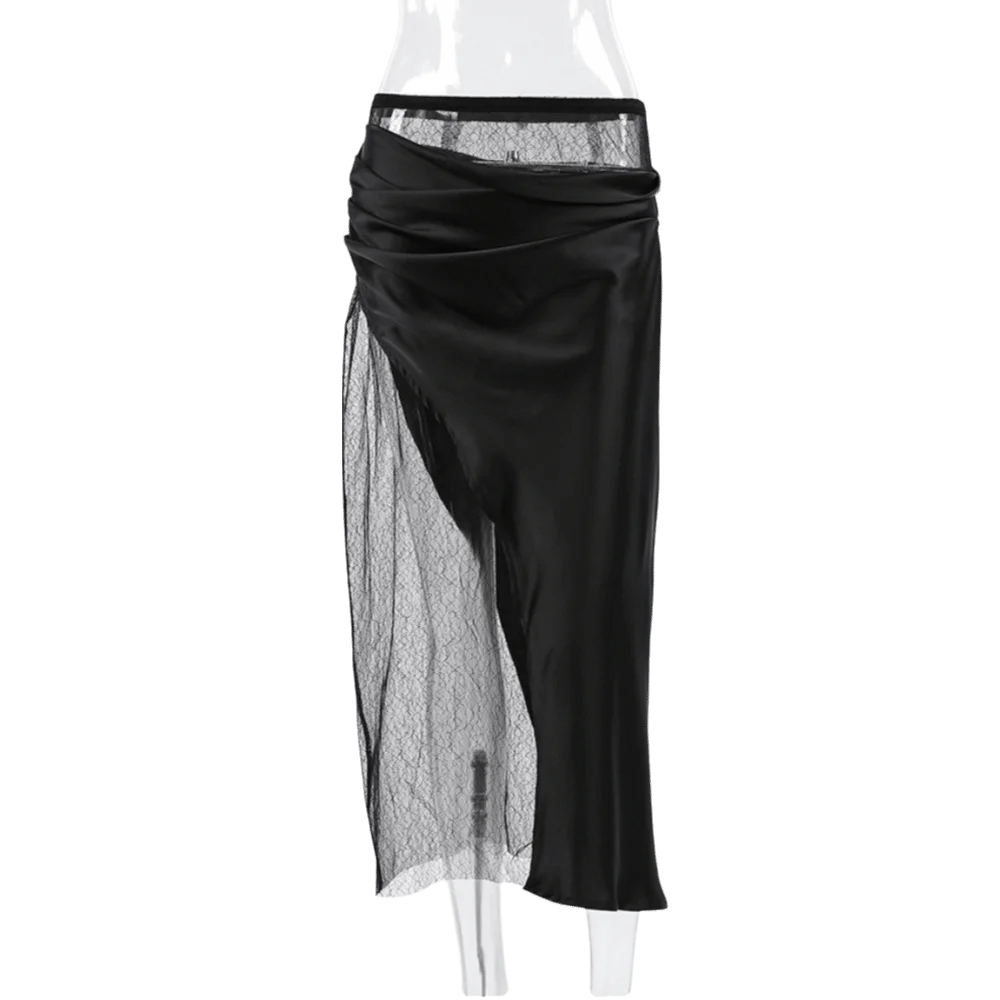 Asymmetric Splice Wrap Skirt Unique Silhouette Sheer Lace Trim Long Bottom Dress Surround Cut Line Romantic Hem Detail