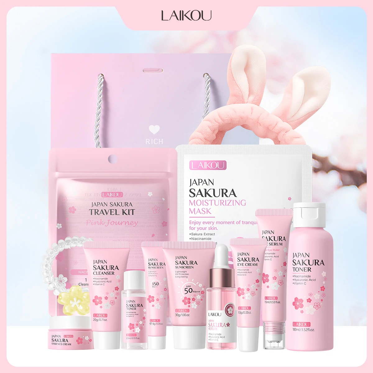 LAIKOU Japanese Sakura Skin Care Set - Hydrating Nourishing Moisturizing Soften Rough Skin for Radiant Complexion
