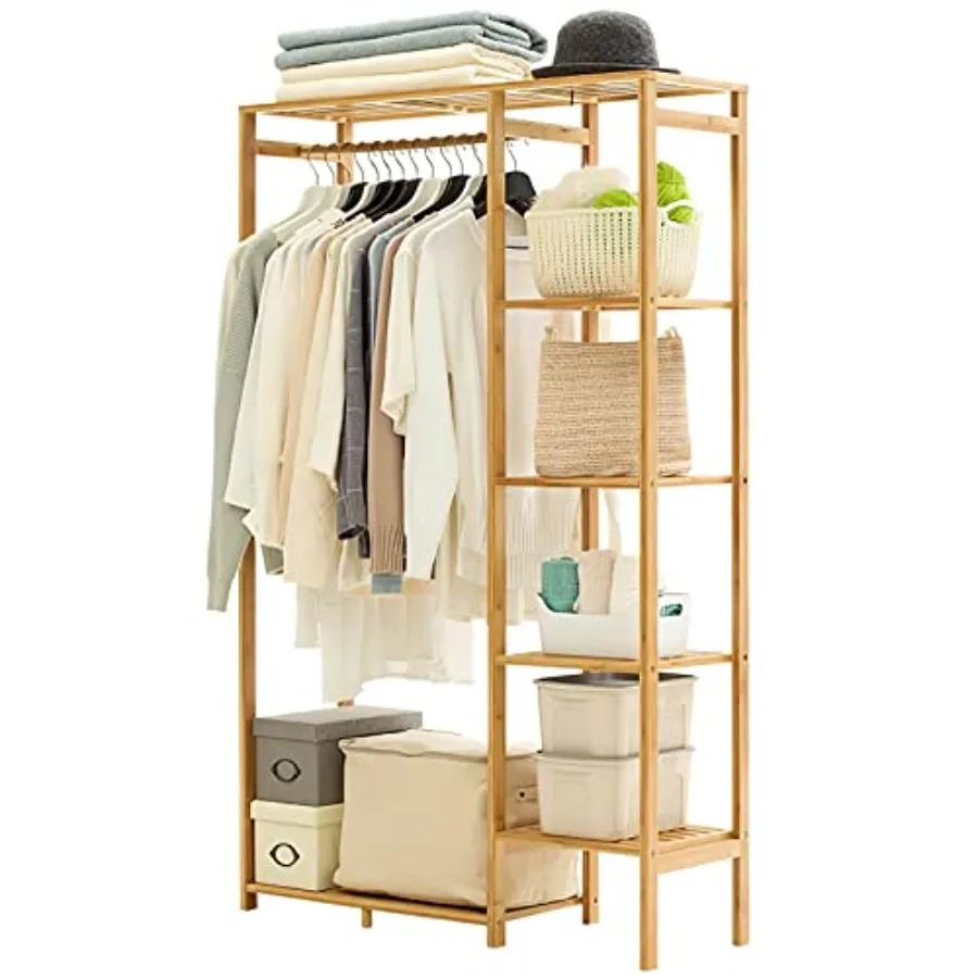 Bamboo Clothing Rack with 6 Tier Storage Shelf Multifunctional Garment Organizer Wardrobe Closet for Guest Room Baby Bedroom En