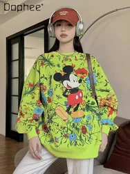 Full Printed Mid-Length Loose-Fitting Casual Pullover Hoodies Women Autumn Cartoon Round Neck Drop-Shoulder Sleeve Sweatshirts