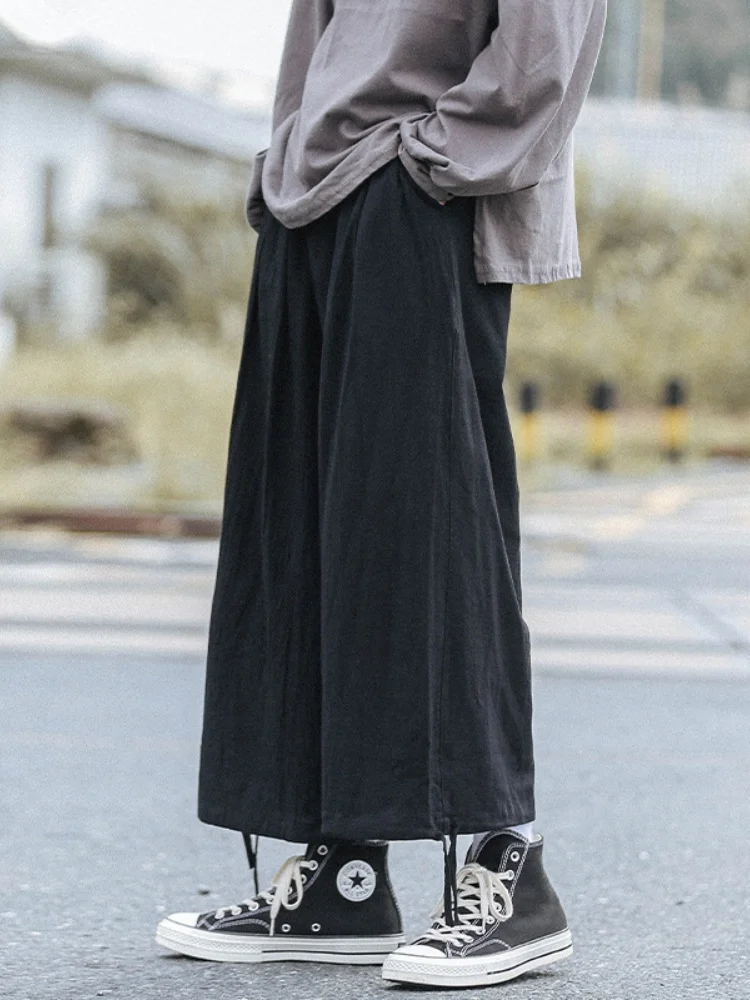 

Мужские летние тонкие дышащие брюки из хлопка и льна, широкие, прямые, свободные, повседневные, укороченные, спортивные, с завязками на талии