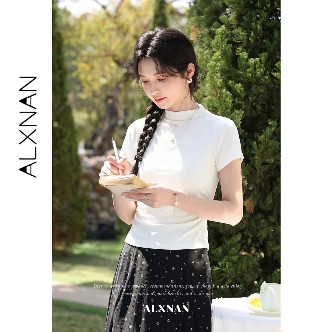 

ALXNAN White Half High Neck T-shirt Women Elegant Slim Fit Fashion Casual Short Sleeve Tees 2026 Summer Female Tops L632106A-1