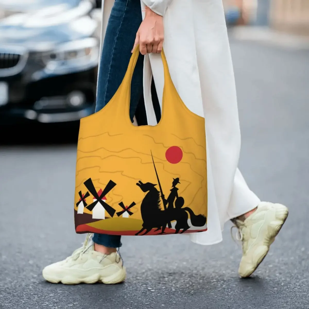 Bolsos de compras con estampado bonito de Don Quijote Of The Mancha y Sancho, bolso de hombro de lona lavable, bolso de caballero artístico de España