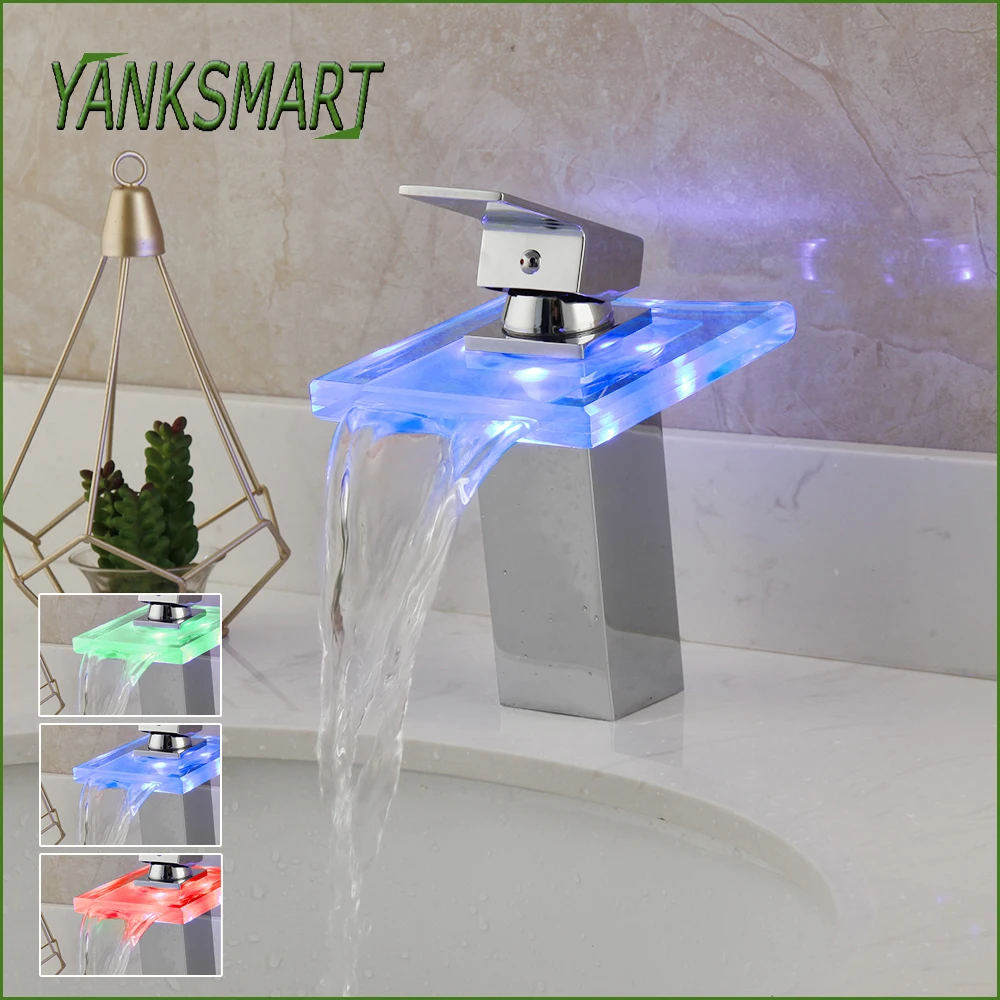 YANKSMART LED Light Waterfall Spout Polished Chrome Bathroom Faucets Deck Mount Wash Basin Sink Faucet Hot & Cold  Mixer Tap