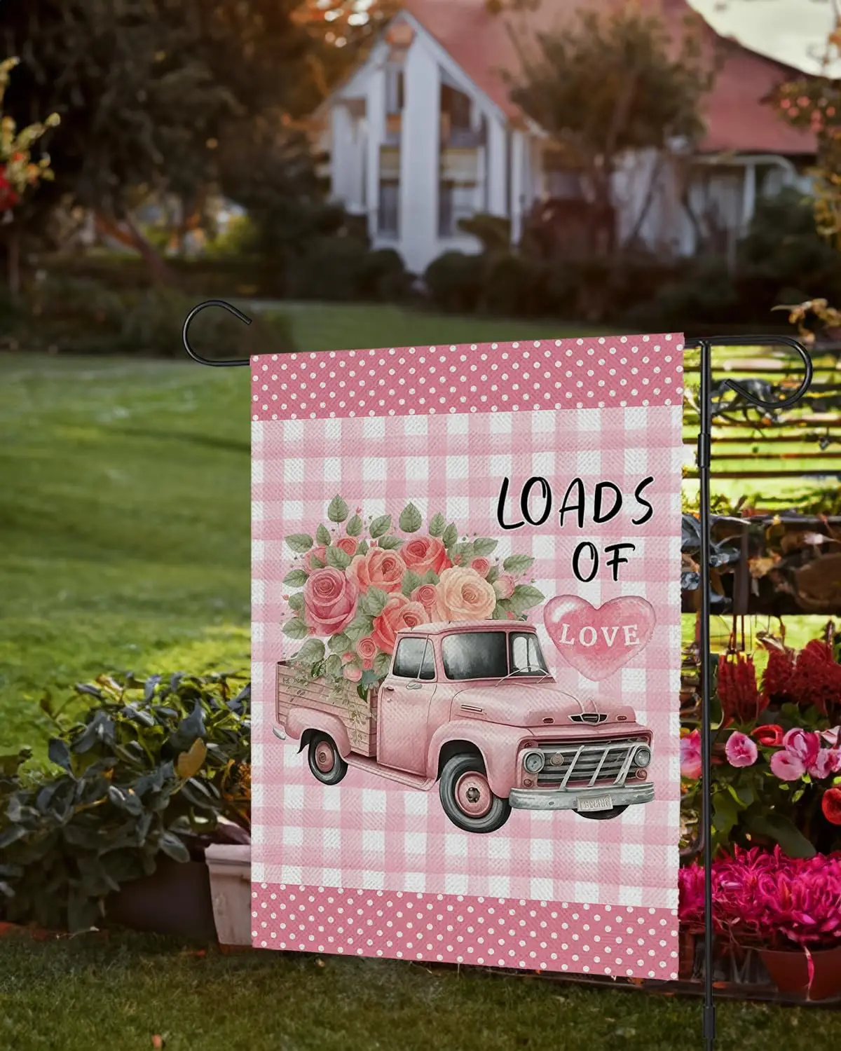 Valentine's Day Garden Flag - 12x18 Inch, Pink Truck with Roses 'Loads of Love' - Charming Gingham Pattern Outdoor D