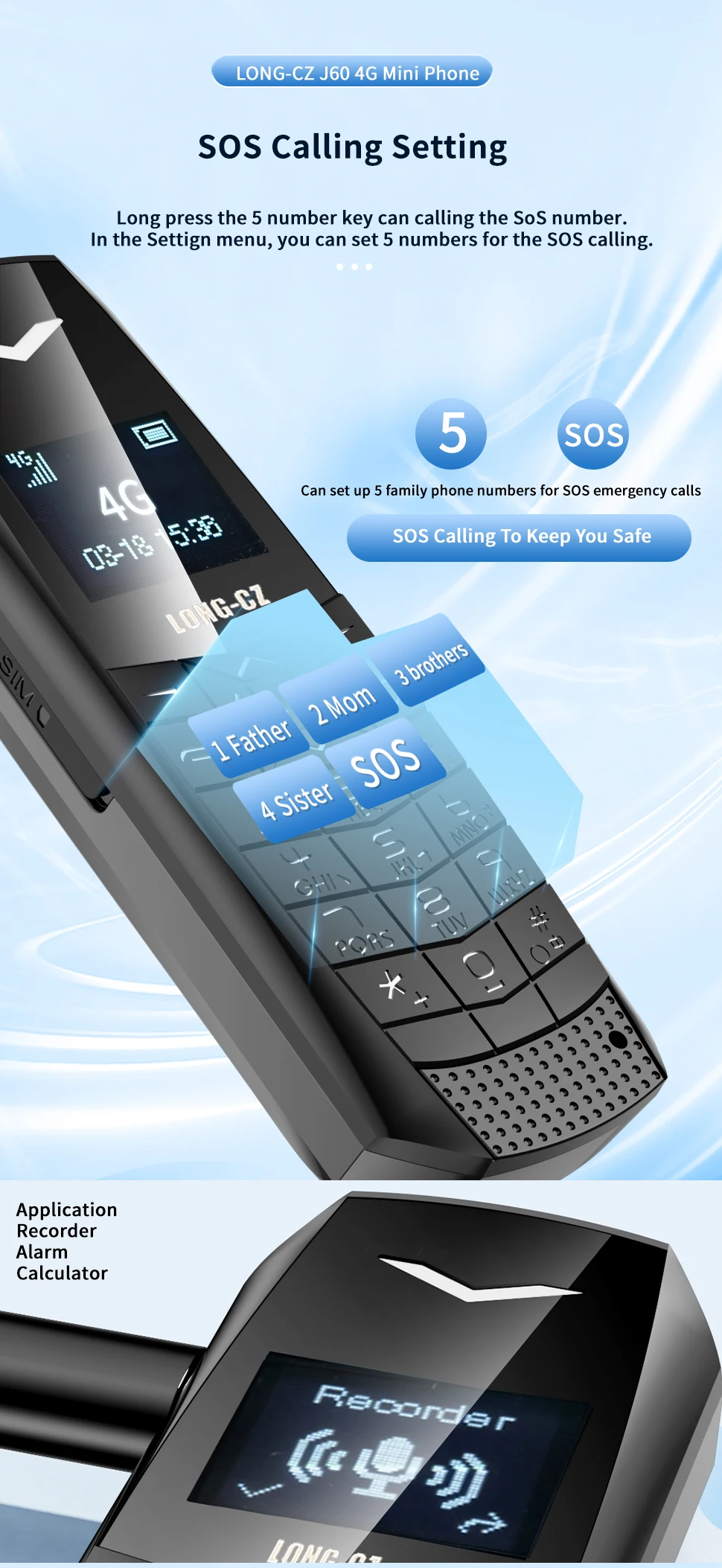 Super Mini Phone J60 4G Network Mobile Phone Wireless Bluetooth Keyboard Pocket Cellphone Alarm Clock SOS MP3 Player Recorder