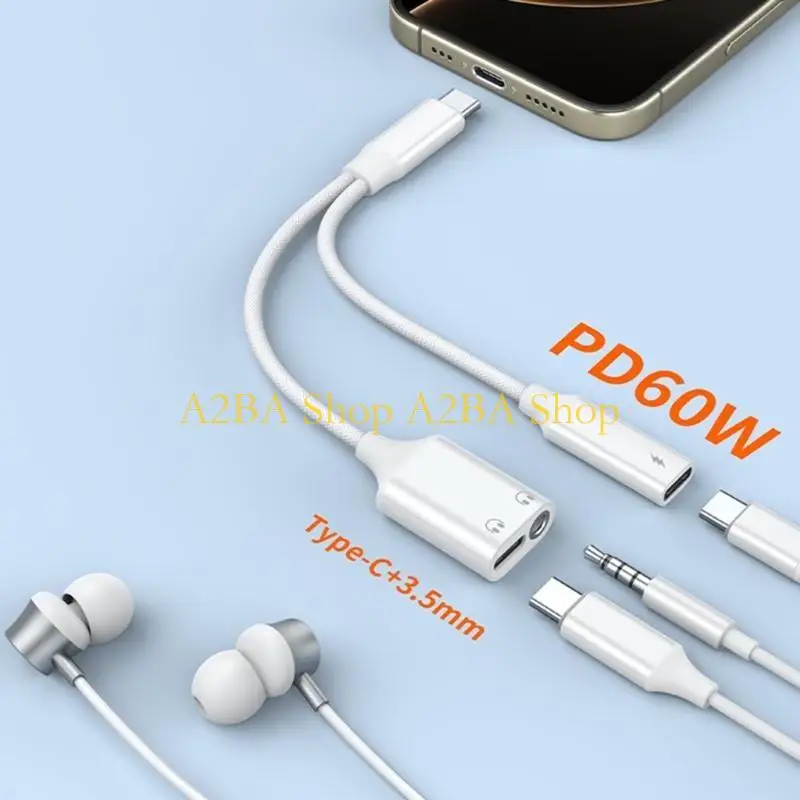 A2BA Aluminum Alloys Type C Splitter 3.5mm Sound Jacks With Fast Charging 60WPD Simultaneous For Digital Devices