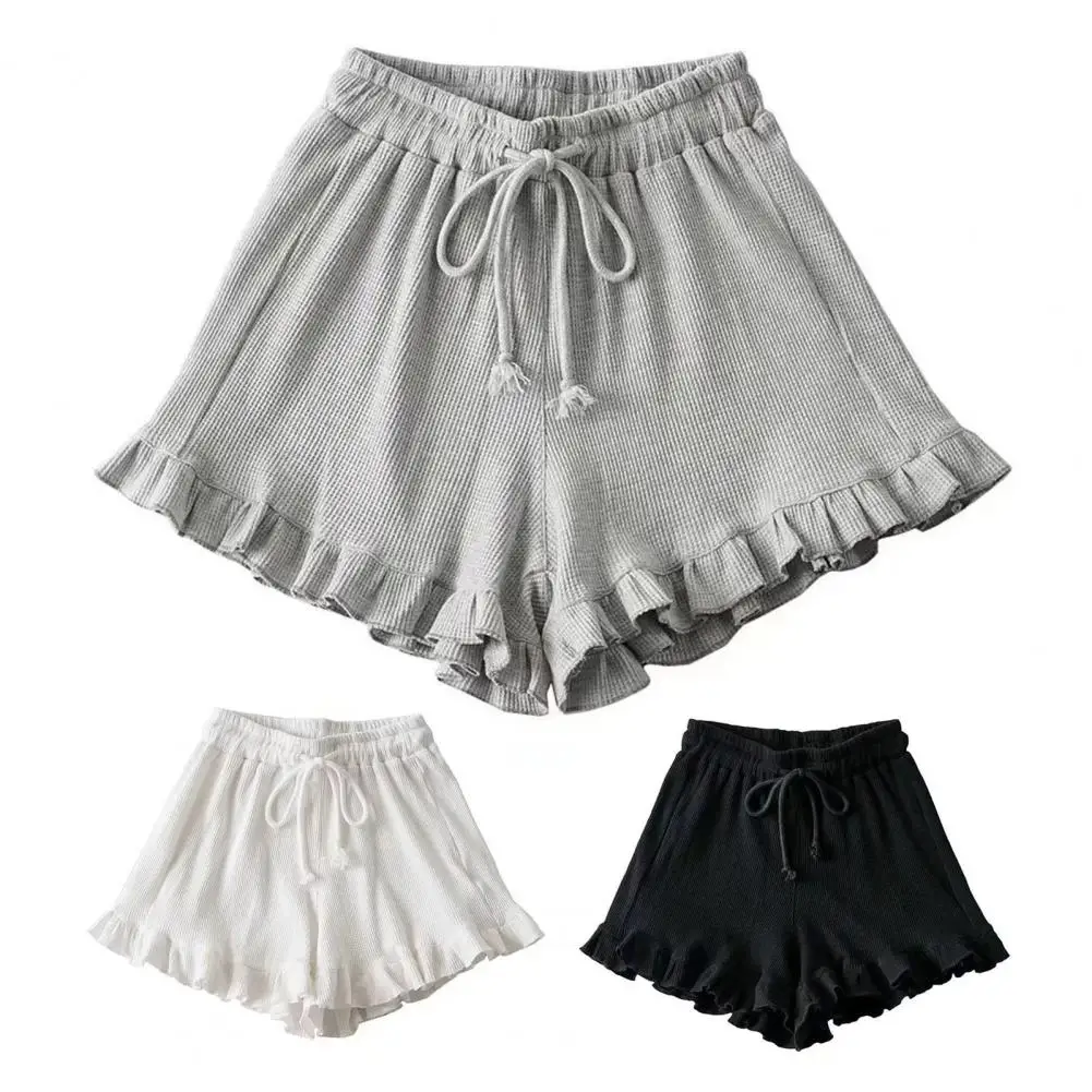 Women Polyester Shorts Flowy Waffle Knit Women's Shorts with Ruffle Hem Drawstring Elastic Waist Wide Leg Lounge Summer Outfit