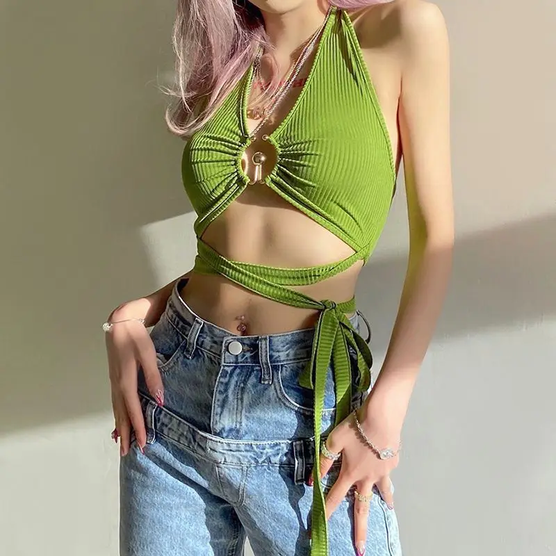 Sexy V Neck Halter Camis Women Summer New Slim Lace Up Cropped Top Y2k Gothic American Streetwear Club Party Night Backless Vest