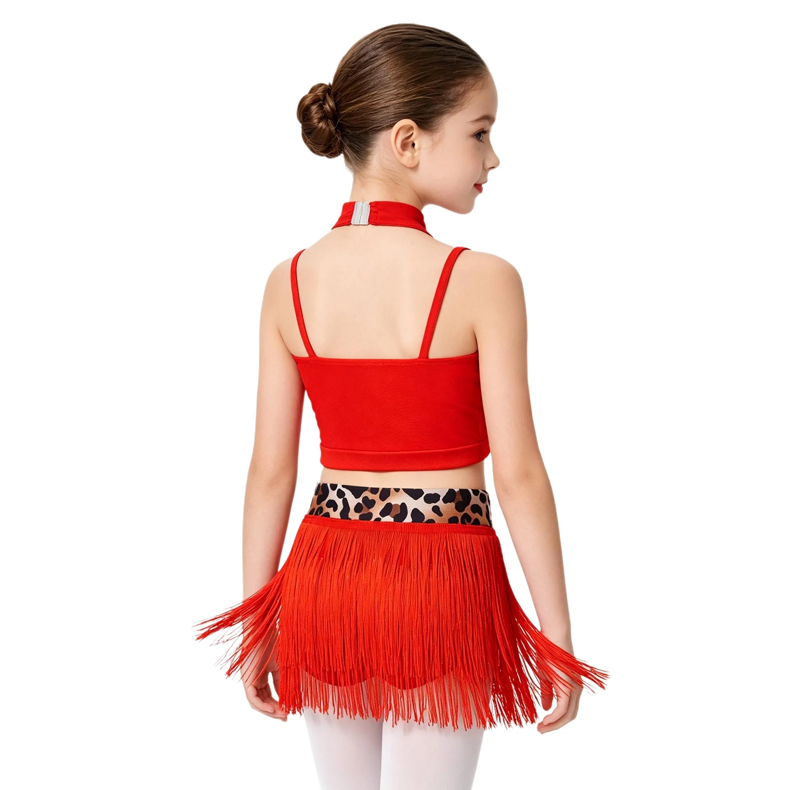 Kids Girls Tassel Latin Dance Costume Cutout Printed Crop Top Vest with Fringed Skirt for Tango Cha-cha Salsa Samba Performance