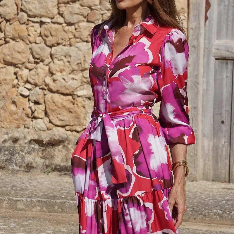 Vestido de longitud media con cordones para mujer, maxivestido informal de cintura alta, Bohe Y2K, manga larga con solapa y estampado Floral