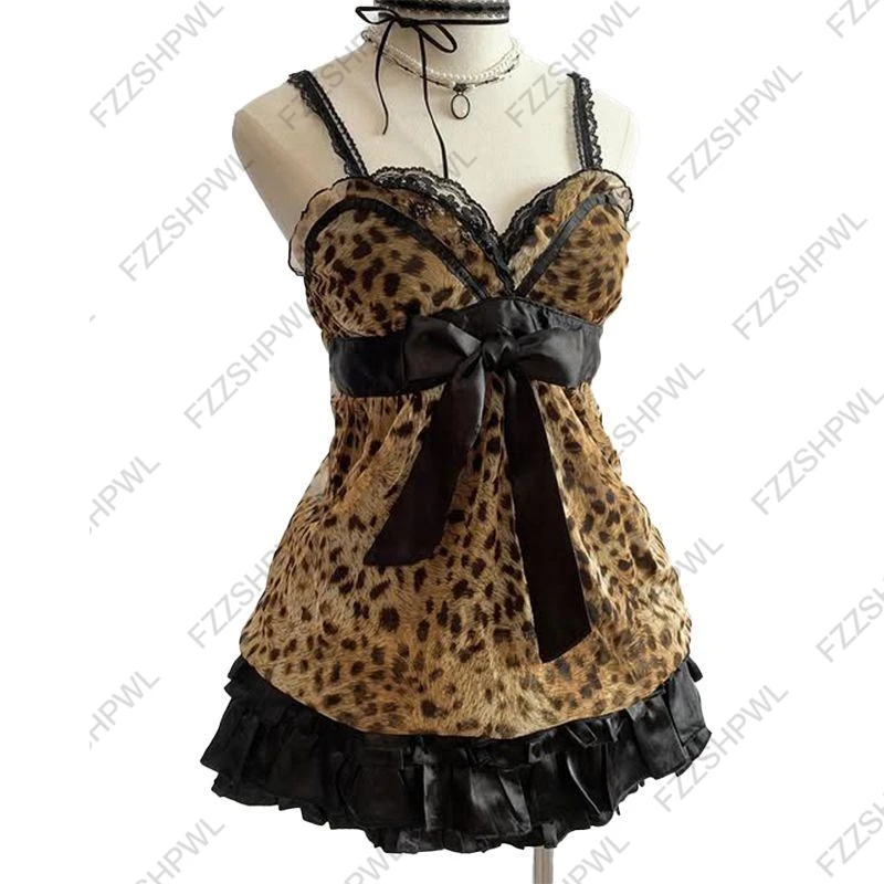 hot girl leopard print lace sexy camouflage print halter and slimming fashion top from the Y2K Summer women's collection Y2K
