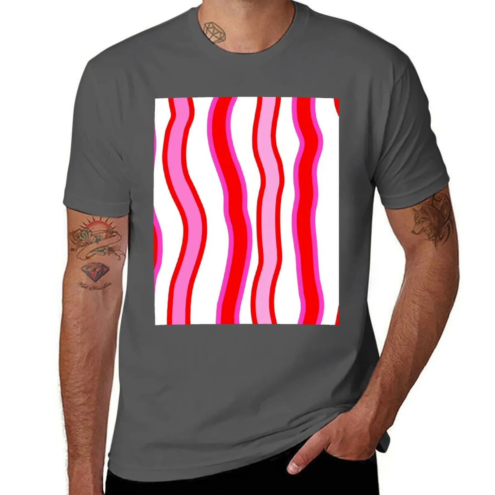 

and pattern red pink Organic stripe and wavy Bold - Summery T-Shirt Basic Lightweight Short Sleeve Tee