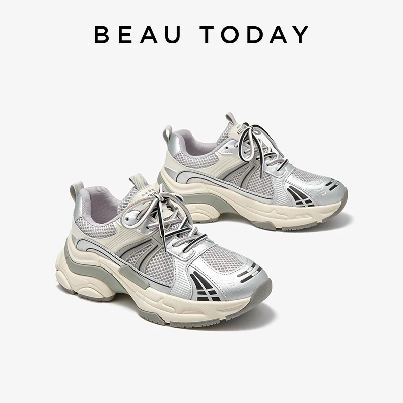 BEAUTODAY Chunky Sneakers Women Synthetic Leather Mesh Silver Mixed Thick Sole Lace-up Lightweight Female Shoes Handmade 29313
