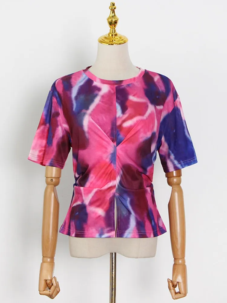 KBQ Colorblock Folds Split Chic T Shirt For Women Round Neck Short Sleeve Slimming Casual Pullover Tops Female Summer Clothes