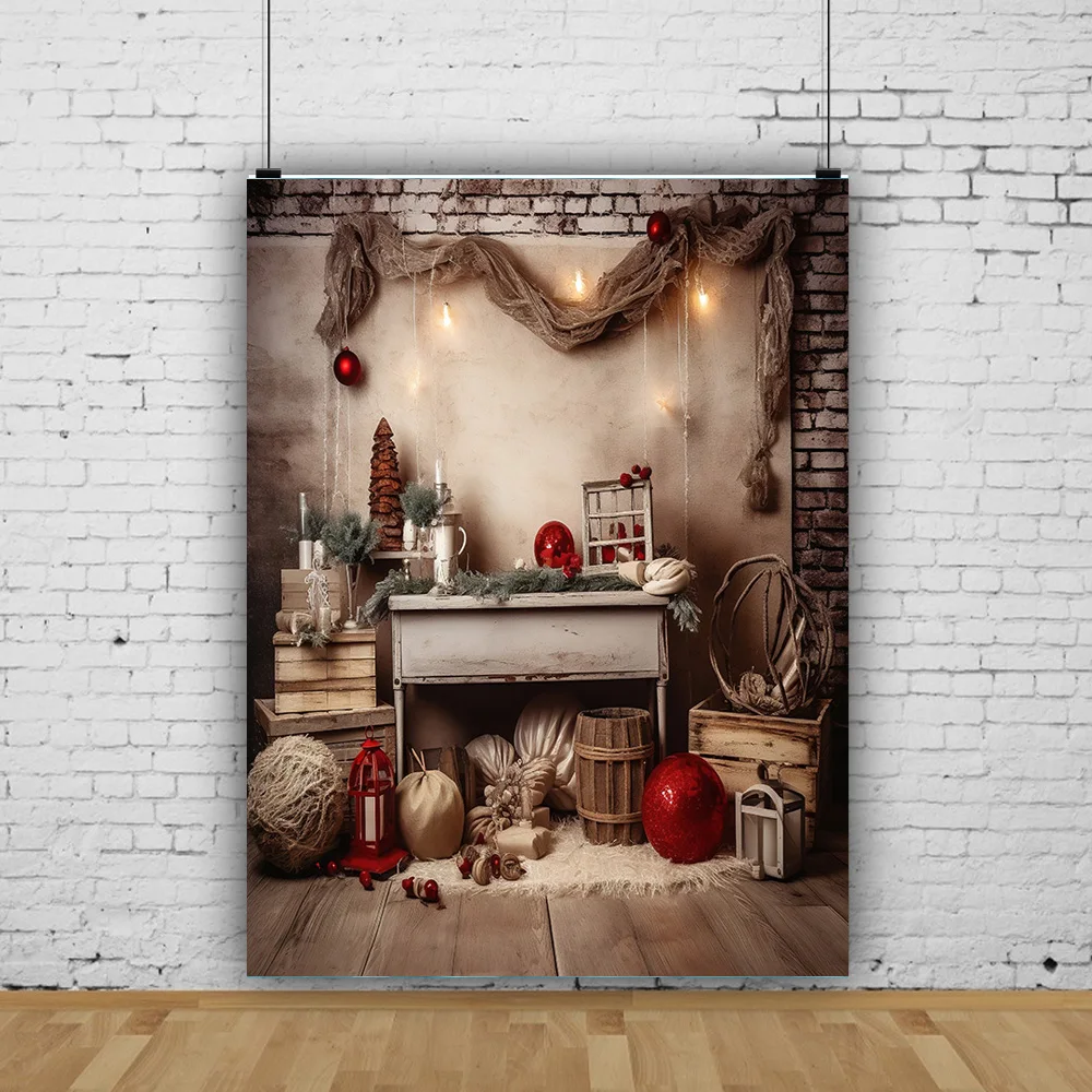 빈티지 크리스마스 날 사진 배경 소품 벽난로, 겨울 크리스마스 트리 장식, 꽃 화환 나무 문짝 배경 JL-05