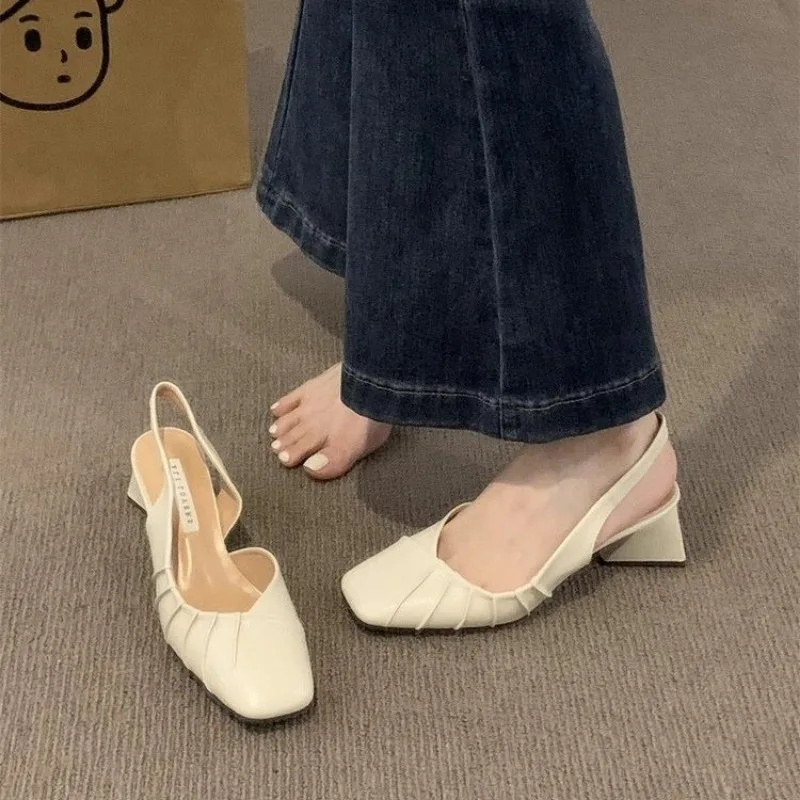 Thick Heel Elegant Office Shoes Square Head Heelless Lazy Mueller shoes female Luxury Slides 2024 Summer New Comfy Women Sandals