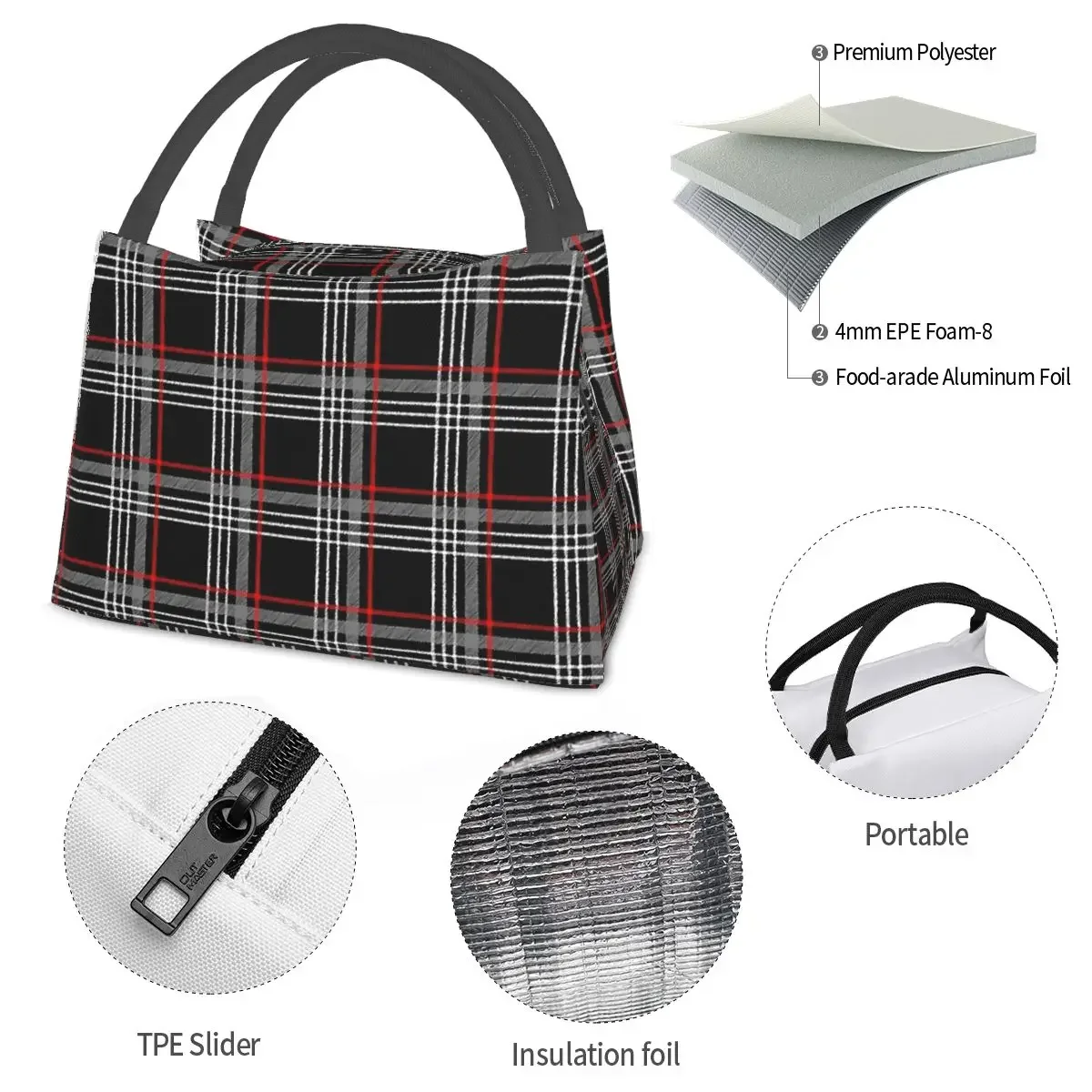 GTI-Boîte à bento isotherme en tartan, fourre-tout portable, sacs de pique-nique, sac isotherme, sac thermique pour femme, enfants, bureau