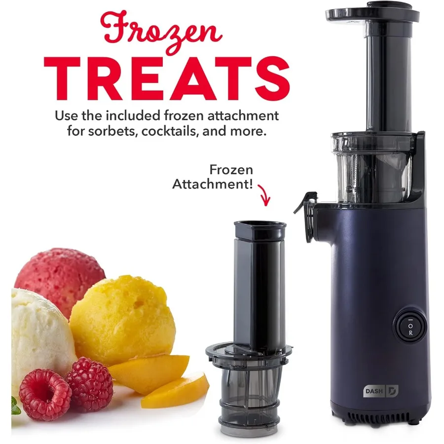 デラックスコンパクト低速ジューサー、簡単洗浄設計、コールドプレス技術、洗浄ブラシ、果肉計量カップ付き