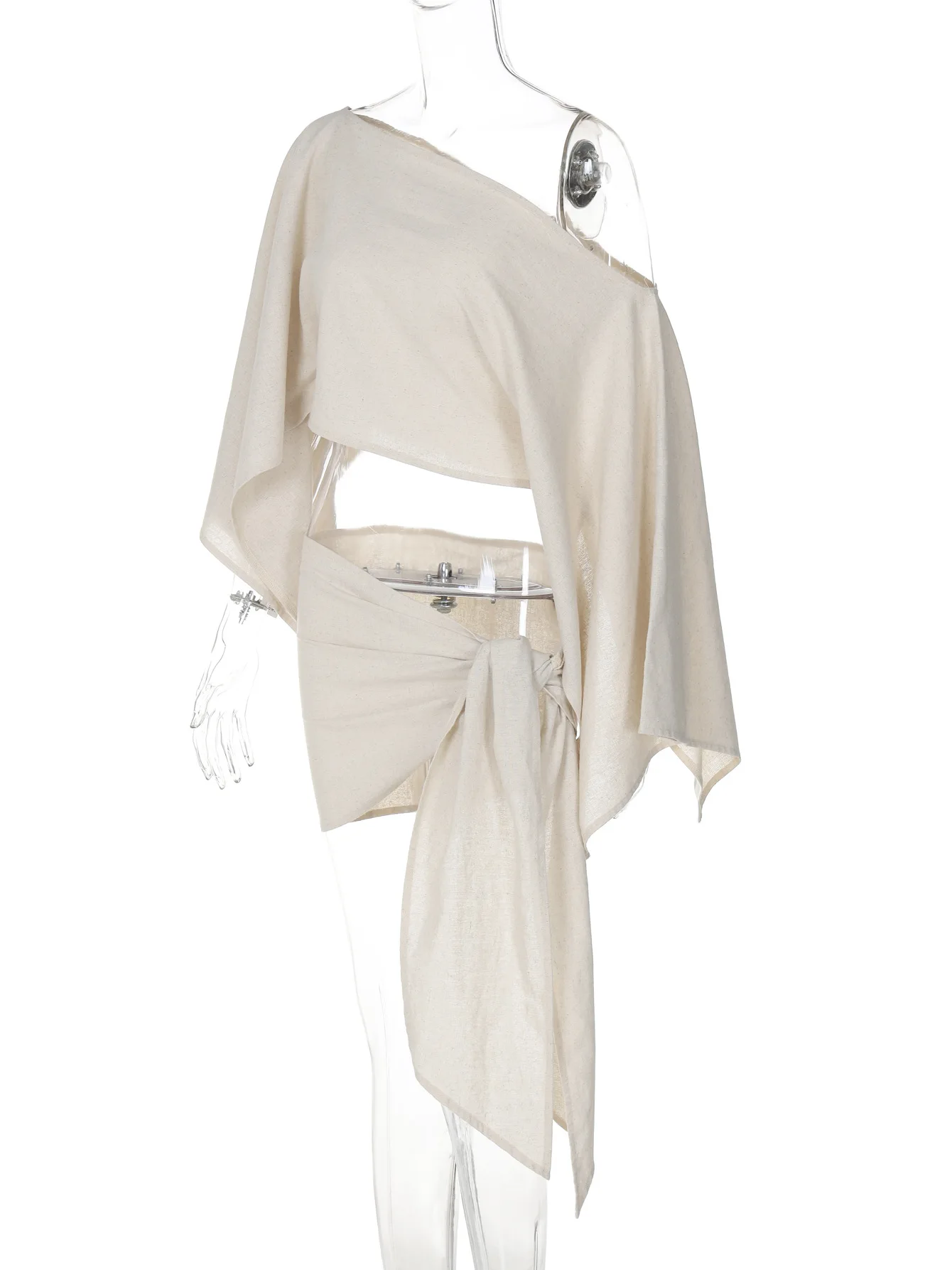 Strand Cover Ups Vrouwen Linnen Lange Pagode Mouw Crop Top 2-delige Set Een Stuk Twisted Knoop Mini Rok Pak zomer Dame