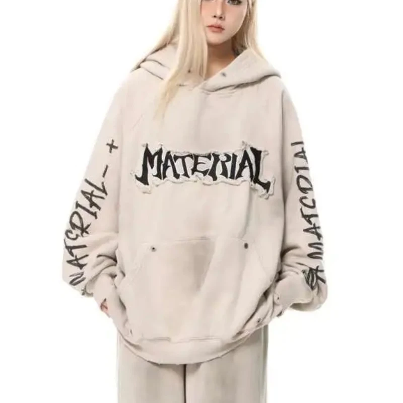 American Washed Ripped Gothic Tie Dye Sports Couple Sweatshirts Hip-hop Grunge Style Patch Fabric Long Sleeved Hoodies for Women