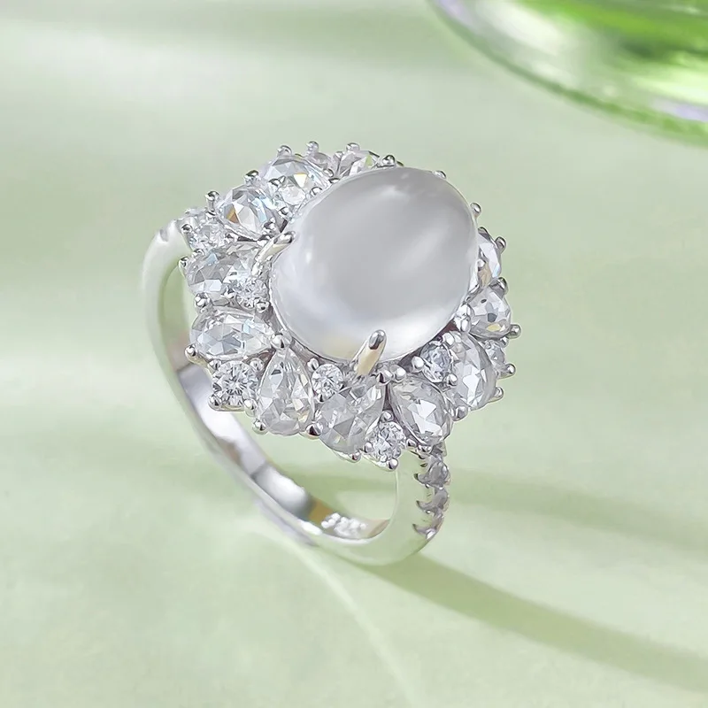 French Luxury Instagram S925 Silver Hollow Foam Jade 8 * 10 Ring, New Chinese Egg Face Ring, Small and Popular