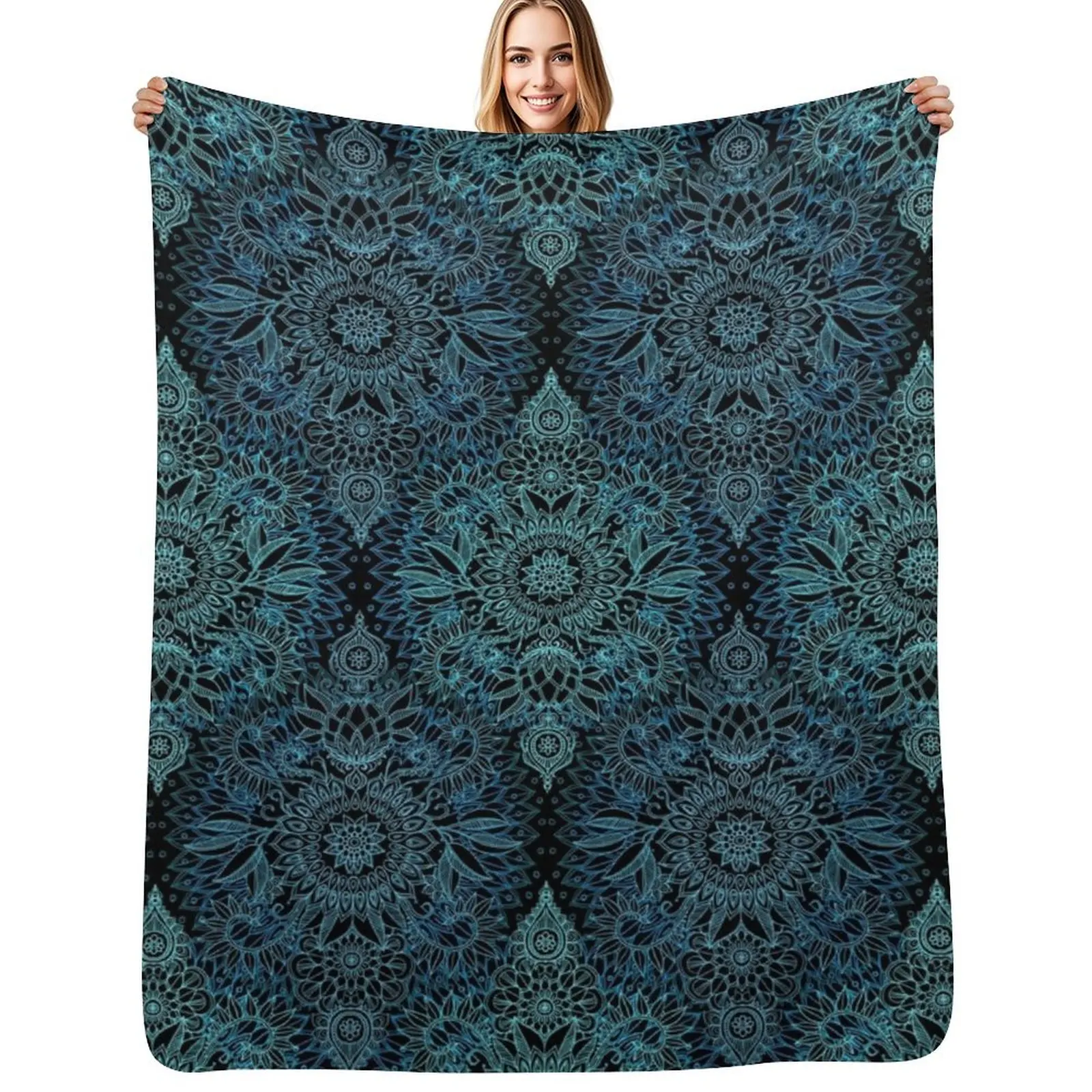 

Black, Teal & Aqua Protea Doodle Pattern Throw Blanket Easy Care Comfortable Blanket for Couch