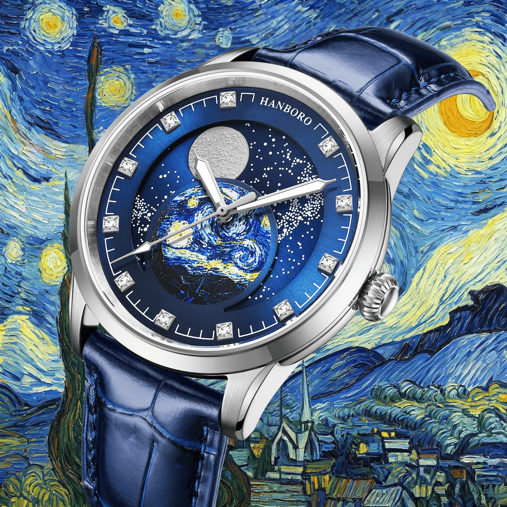 HANBORO Herren Van Gogh Sternenmondphasen Automatikuhr mit Rotierendem Zifferblatt Edelstahl Luxus Geschäftsuhr Business 88934