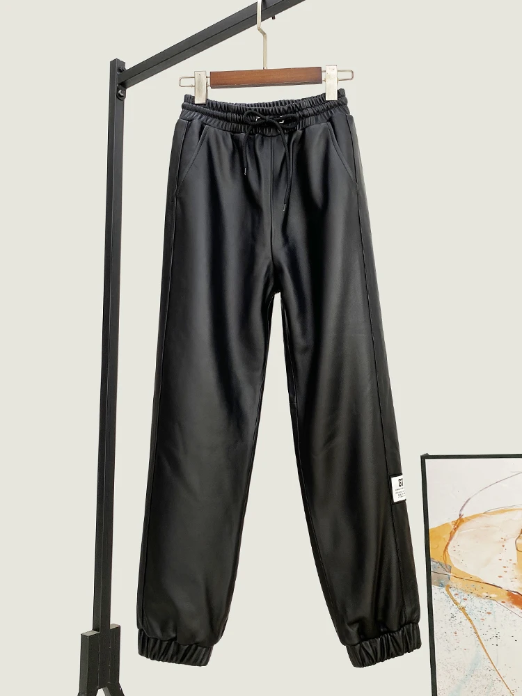 High Waist Sheepskin Pants for Women Winter New Quality Genuine Real Leather Women's Drawstring Lace Cropped Fashion