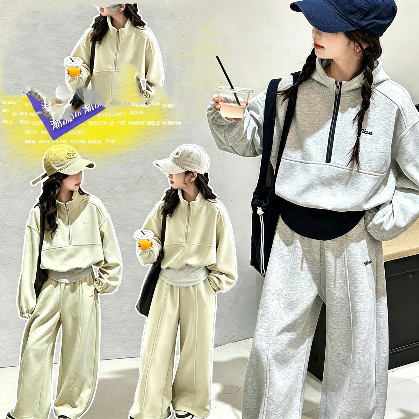UNITIM Teens Girls Two-piece Clothes Set Autumn Children Girls Stand Collar Sweatshirt Tracksuit Loose Sports Pant for Kids Girl