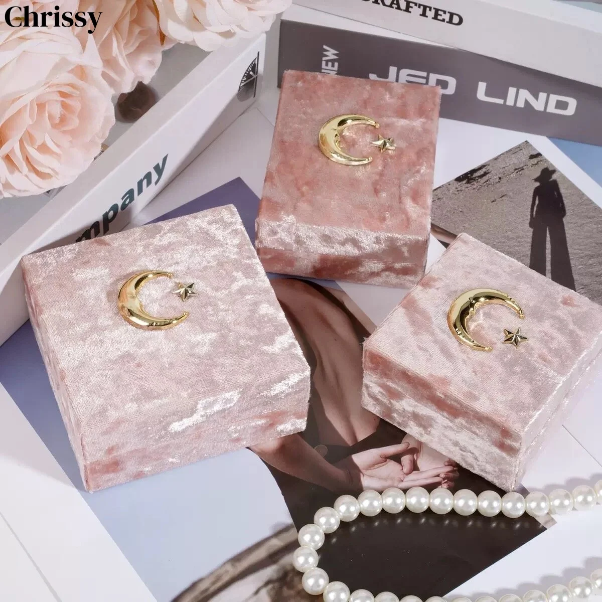 Retro Velvet Moon Star Jewelry Box Pink Ring Bracelets Necklaces Display Holder Case Women Gift Packaging Box for Wedding
