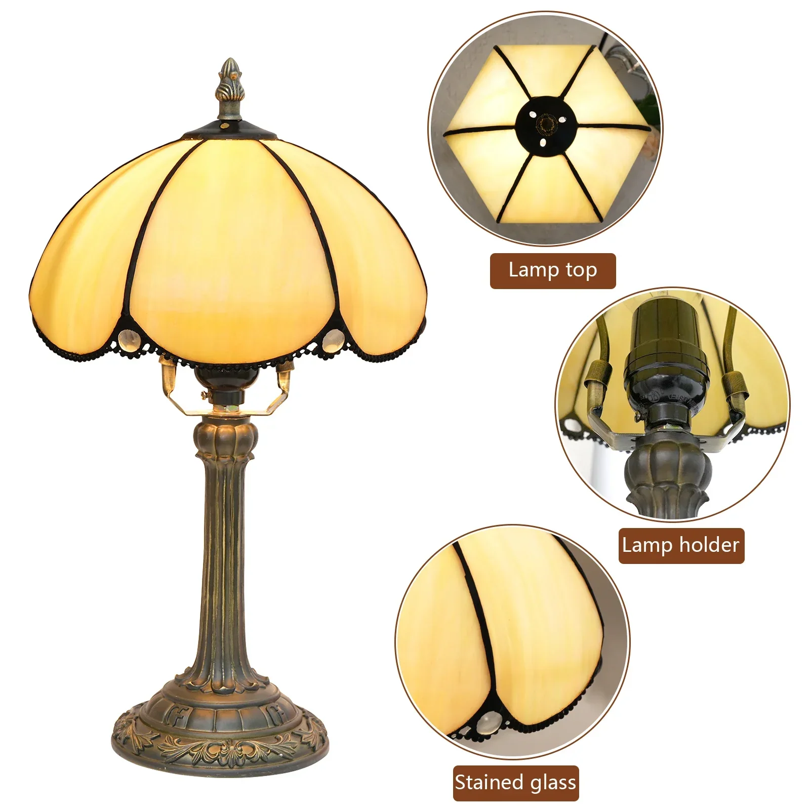 8 Inches 20cm Tiffany Style Table Lamp, Yellow Stained Glass Reading Lamp with Antique Design for Bedroom and Living Room