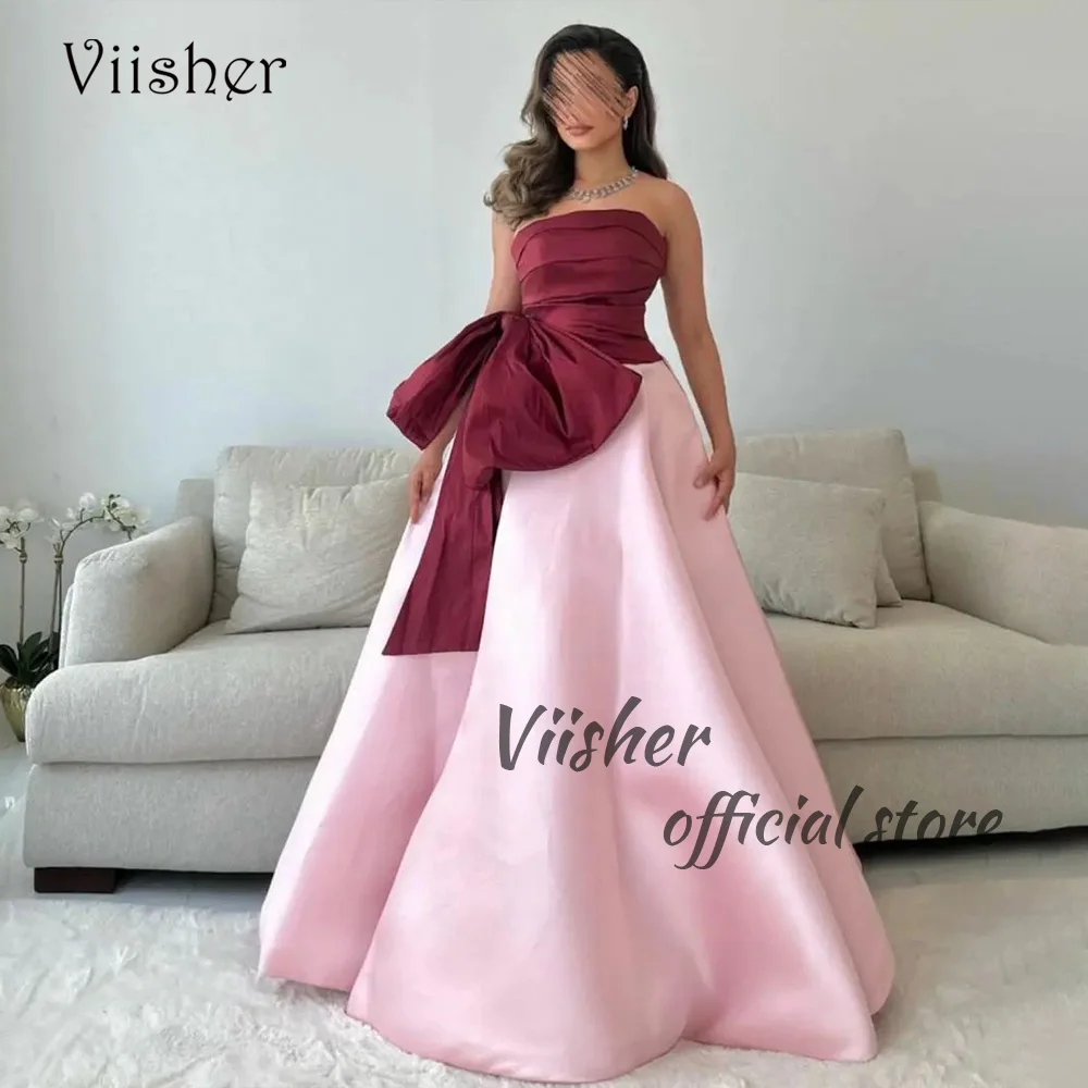 

Viisher Pink Red A Line Satin Evening Dresses with Bow Pleats Satin Strapless Formal Prom Dress Floor Length Arabic Formal Gowns