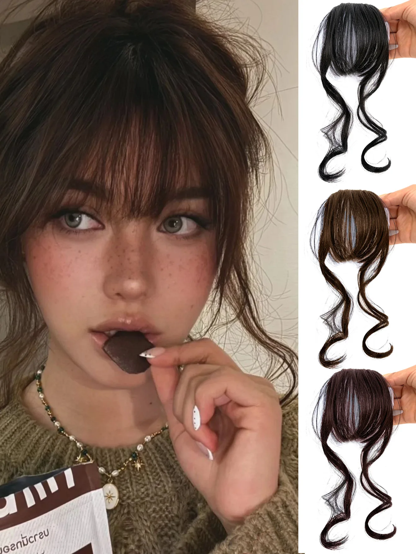 Natural Forehead Hairline Clip on Bangs Curl Air Bangs Synthetic Hairpiece Clip on Front Neat Bangs