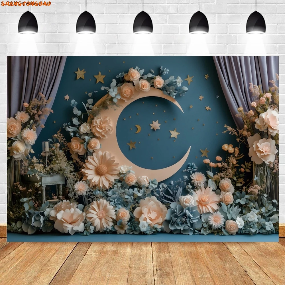 Moon Wonderland Theme Photography Backdrop Flowers Princess Birthday Party Decor Kids Portrait Background Photobooth Supplies