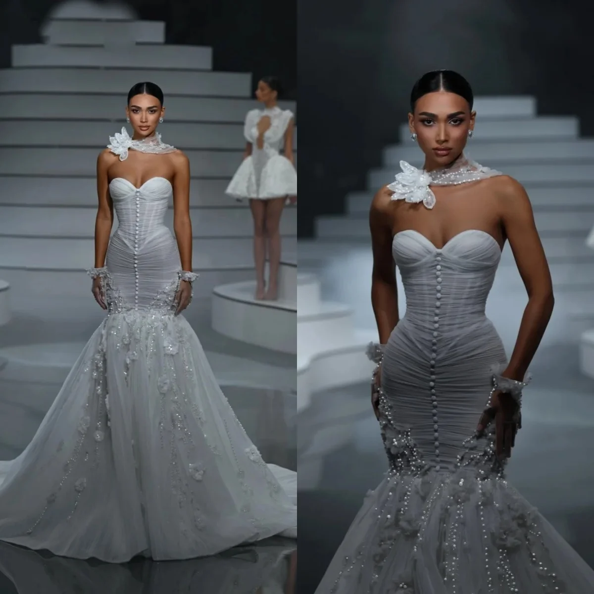 Fancy Wedding Dresses Appliques 3D Flowers Sequins Mermaid Bridal Gowns Pearls Strapless Princess Customized Vestidos De Novia