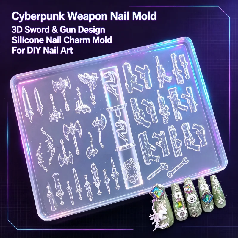 Cyberpunk Silikon-Nagelform, 3D Gewehr Schwert Axt DIY Geprägte Nagelkunst-Charms Form für UV-Harz – Detail 1