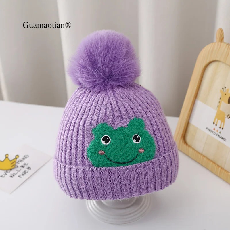 5 Colors New Lovely Winter Warm Kids Hats Girls Cute Cartoon Frog Knitted Hat Boys Headwear Caps with Big Ball 1-3Y